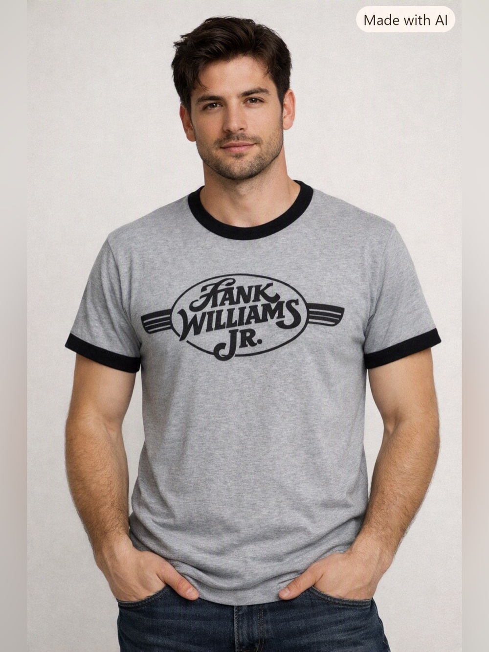 Hank Williams Jr. Vintage Style Gray Ringer T-Shirt Size - Size Large (Unisex)